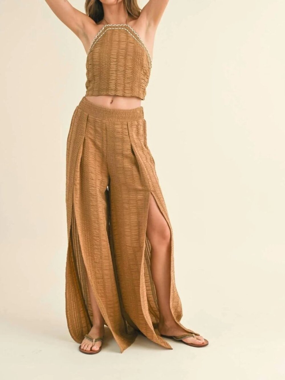 Miou Muse Anthropologie New With Tags Eyelet Brown Boho Pants & Halter Set sz S
